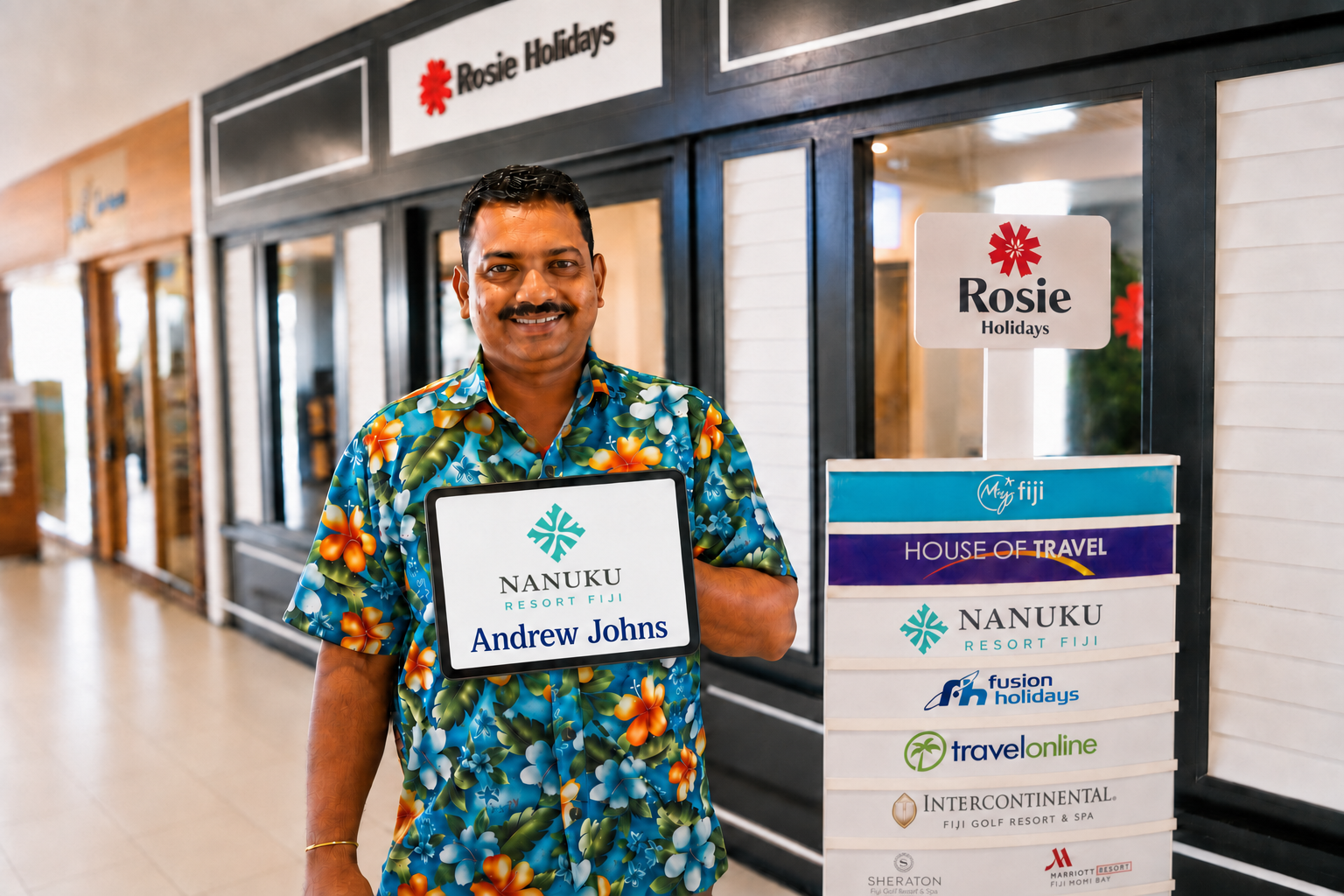 Rosie Holidays driver concierge with Nanuku welcome sign at Nadi Airport