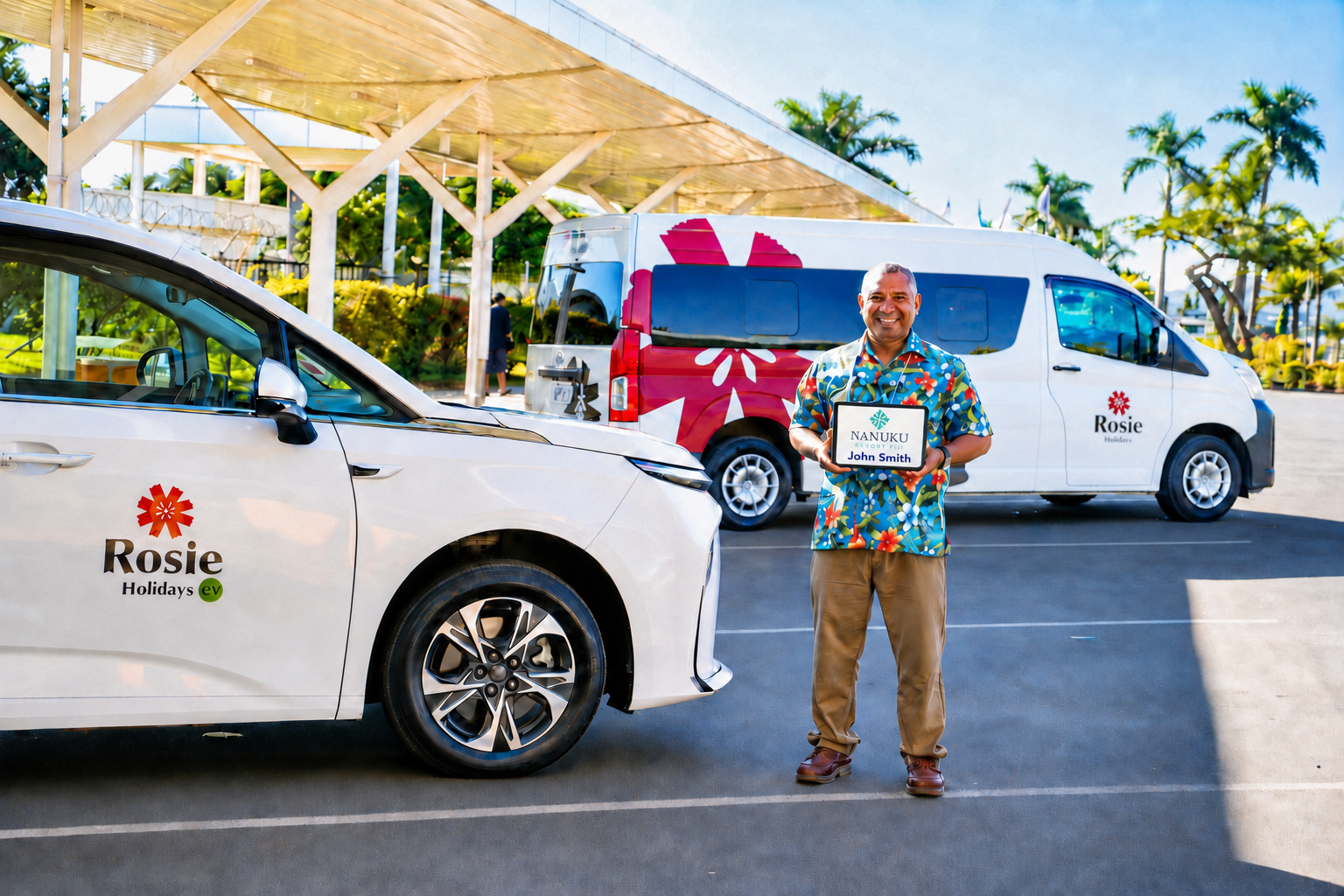 Rosie Holidays driver with Nanuku Resort Fiji sign beside EV transfer vehicles